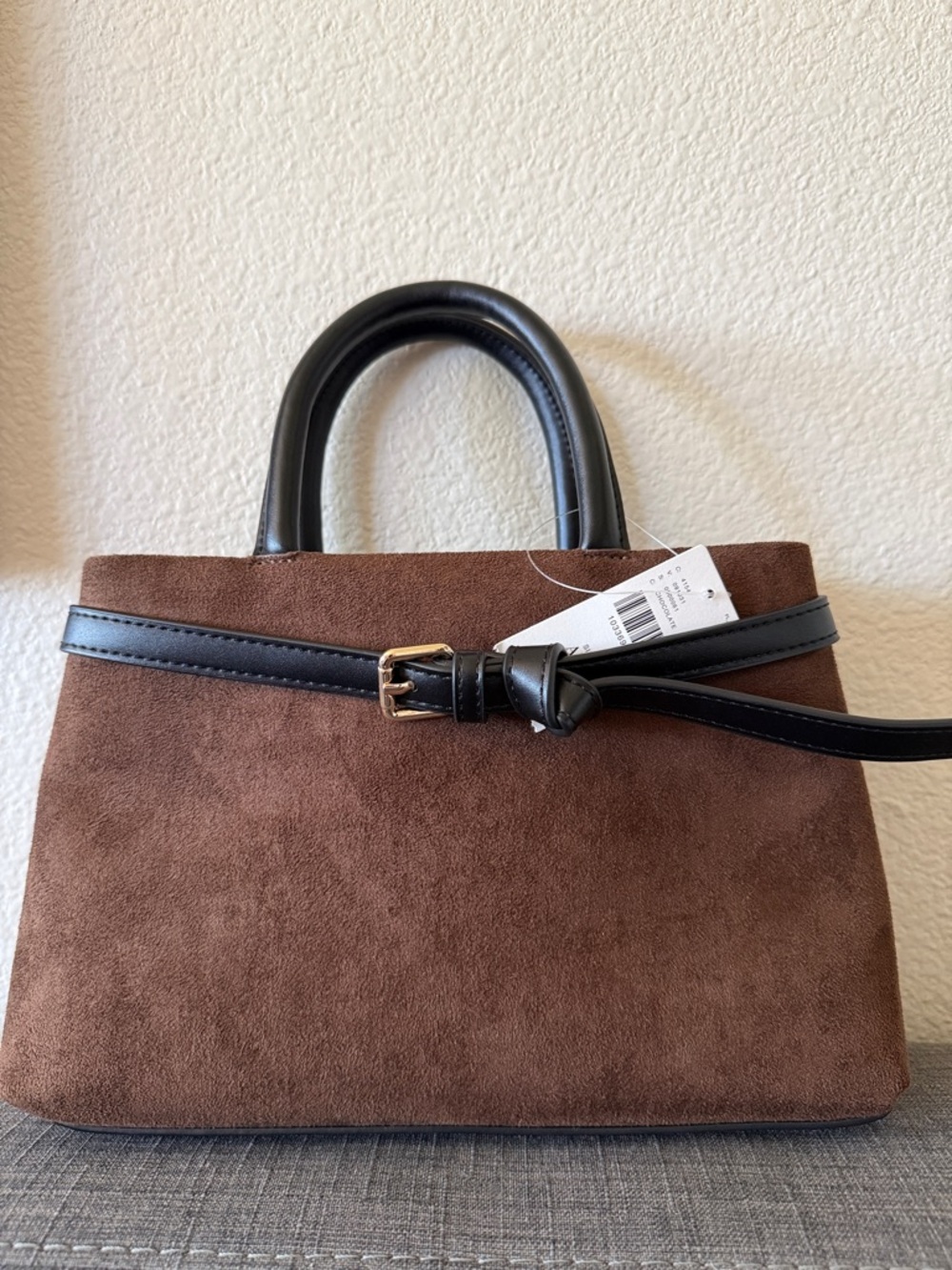 Anthropologie Brown Suede Crossbody Bag with Black Handles